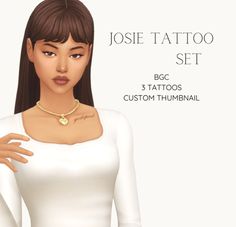 an animated woman wearing a white shirt and gold necklace with tattoos on her chest, standing in front of a white background