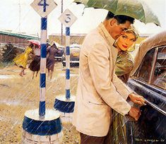 a painting of a man and woman leaning against a car in the rain with an umbrella over their head