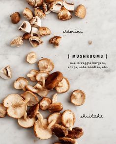 mushrooms on a marble counter top with words describing them