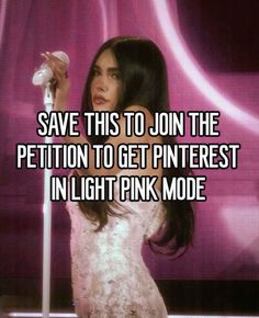 a woman in white dress standing next to a pole with text saying save this to join the petition to get pinterest in light pink mode