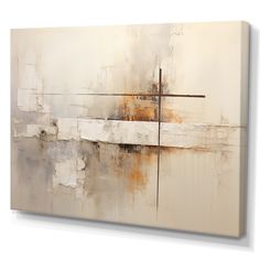 an abstract painting with white and brown colors on the wall, including a cross in the center