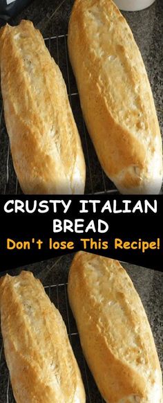 three loaves of bread sitting on top of a cooling rack with the words, weight watchers crusty italian bread