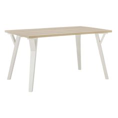 a wooden table with white legs and a light colored wood top, against a white background