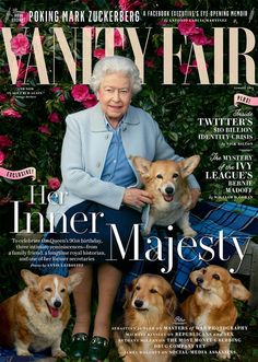 the cover of vanity fair magazine featuring an older woman with four dogs