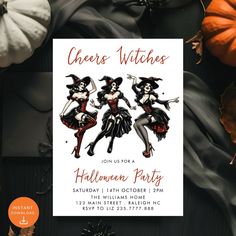 halloween party flyer with two witches on it and pumpkins in the background, all around