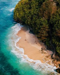 an aerial view of the ocean and beach with people walking on the sand, surrounded by lush green trees