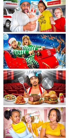 three different pictures with people eating food and one has a santa clause on his head