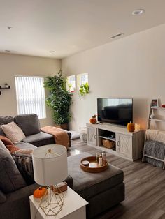 a living room filled with furniture and a flat screen tv sitting on top of a wooden table