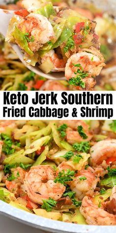 keto - jerry southern fried cabbage and shrimp in a white bowl with a spoon