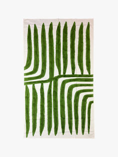 White tablecloth with hand-painted green lines on it, reminiscent of palm fronds. Painted Stripes, Vase Holder, Candleholder Centerpieces, Wallpaper Walls Decor, Outdoor Armchair, Paint Stripes, Tabletop Accessories, Decorative Sculpture, Green Hues