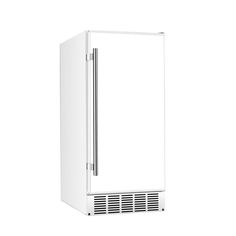 a white refrigerator freezer sitting on top of a white floor next to a wall