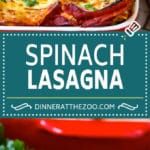 spinach lasagna in a red casserole dish with bacon and cheese