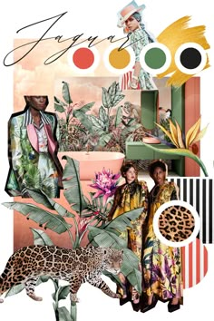 two women in colorful outfits standing next to each other with an animal and plant collage