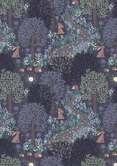 an image of a forest scene with trees and animals in the woods on a dark blue background