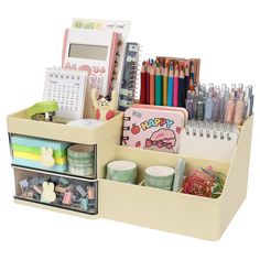 a desk organizer with many items in it and a calculator, pencils, markers, pens