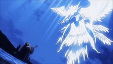 an animated image of a person standing in front of a white bird with outstretched wings