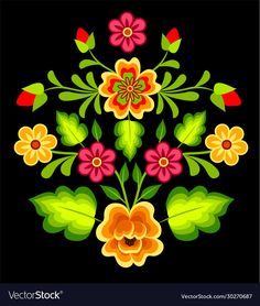 colorful flowers and leaves in the shape of a bouquet on a black background with green leaves