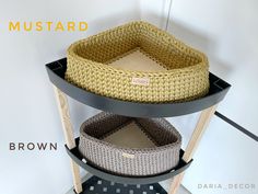 three baskets stacked on top of each other in front of a sign that says mustard