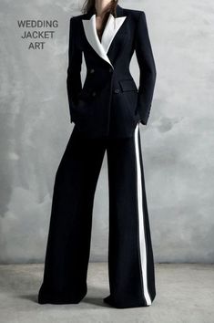 Women Suits, Women's Two Piece Suits, Luxury Black Dress, White Tuxedo design, Flair Trouser Design, Women Tuxedo Dress. (PLEASE MEASURE YOUR CHEST AREA, CIRCUMFERENCE AROUND THE BROADEST PART OF YOUR CHEST, AND WAIST AREA WHERE YOU NORMALLY WEAR YOUR TROUSER OR 4 FINGER BELOW THE BELLY BUTTON, AND PICK YOUR SIZE ACCORDINGLY) PROVIDE YOUR HEIGHT AND WEIGHT IN THE PERSONALISATION BOX, WHILE PLACING THE ORDER. This black Women Fashion 2-piece suit With Matching  And Trousers for Men Is Perfect For Formal Suits For Women, Black And White Suit, Woman Suit, Tuxedo Women, Urban Chic Fashion, White Tuxedo, White Suit, Leisure Fashion, Tuxedo Dress