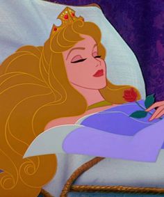 the sleeping princess is wearing a tiara and holding a rose in her hand as she sleeps