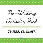 the title for pre - writing activity pack 7 hands - on games, with green polka dots