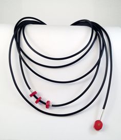 Fun with Coral: Dagmara Costello: Rubber & Stone Necklace | Artful Home Rubber Necklace, Recycled Necklaces, Floating Diamond Necklace, Beaded Necklace Diy, Dainty Pendant, Artful Home, Coral Necklace, Jewelry Outfit, Jewelry Repair