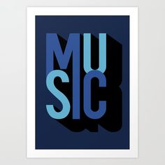 the word music is made up of blue and black letters