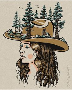 a drawing of a woman with long hair wearing a hat and trees on her head