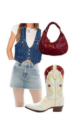 a woman in denim overalls and cowboy boots is holding a handbag while standing next to a purse