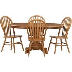 a wooden table with four chairs and a round dining room table in the middle, on an isolated white background