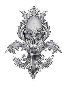 a drawing of a skull with an ornate design