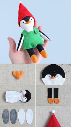 the penguin is wearing a green shirt and red hat with two pairs of socks on it