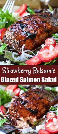 strawberry balsamic salmon salad with fresh strawberries and lettuce on the side