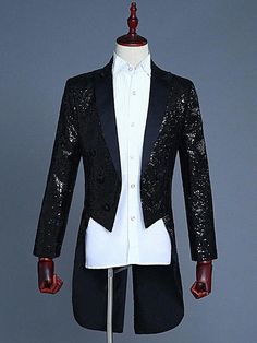 Olivia Mark - Luxurious Black Sequined Formalwear Overcoat with Tuxedo Flair Luxury Long Sleeve Embellished Tuxedo, Luxury Embellished Tuxedo For Semi-formal Events, Luxury Embellished Long Sleeve Tuxedo, Luxury Embellished Tuxedo For Semi-formal Occasions, Semi-formal Black Embellished Tuxedo, 1920s Party Decorations, 1920s Party, Black Costume, Long Coat