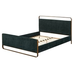 the bed frame is made from metal and has a green velvet upholstered headboard