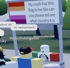 two people sitting in front of a sign that says, my crush has this flag in her bio can you please tell me what country it is