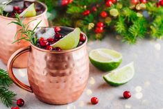 two copper mugs with cranberries and lime garnish on the rim