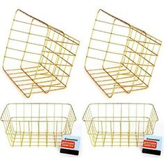 three gold metal wire baskets with tags on the sides and one has a tag attached to it