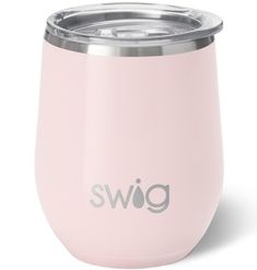 a pink wine tumbler with the word swig on it and a silver lid