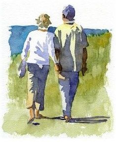 two people walking down a path holding hands and looking out at the ocean in watercolor