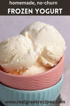 two bowls filled with ice cream on top of a counter next to the words homemade, no - churn frozen yogurt