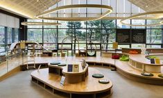 the inside of a children's play area with lots of wooden furniture and windows