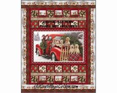 a red truck with two dogs in the back and christmas decorations on it's bed