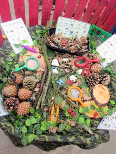 an arrangement of pine cones, scissors and other items on a green tablecloth with red chairs in the background