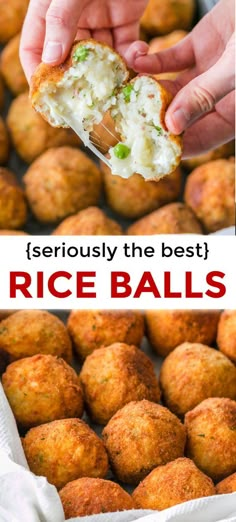 a person holding a piece of food in their hand with the words rice balls on it