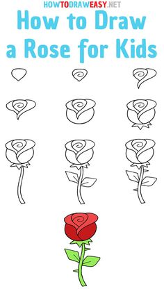 In this easy drawing lesson for kidsyou will learn how to draw a rose step by stepIn this guideyou will see steps with instructions. Flowers Drawing Easy Step By Step, Kids Step By Step Drawing, Kids How To Draw Step By Step, Easy Rose Drawing Step By Step, How To Draw Flowers Step By Step Easy, Easy Flower Drawings For Kids, How To Draw Rose, How To Draw For Kids Step By Step, Very Easy Drawings Kids