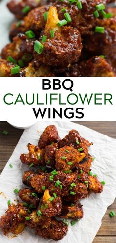 bbq cauliflower wings with green onions on top and in the background, there is