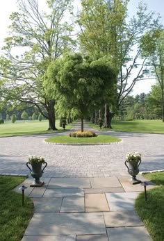 two vases are sitting in the middle of a stone path that leads to a large tree