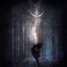 a person standing in the middle of a forest with a crescent moon above their head