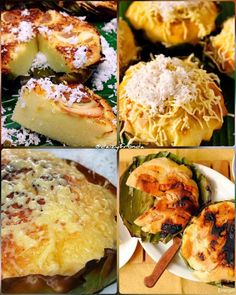 four pictures of different types of food including pineapples, bananas and other foods